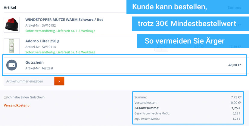 Mindestbestellwert ignoriert Gutscheine